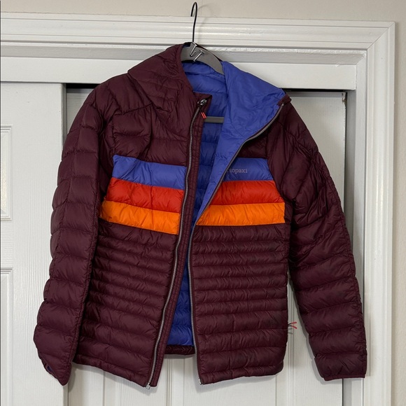 Cotopaxi Fuego Hooded Down Multicolor Coat with Blue and Orange - Picture 1 of 6